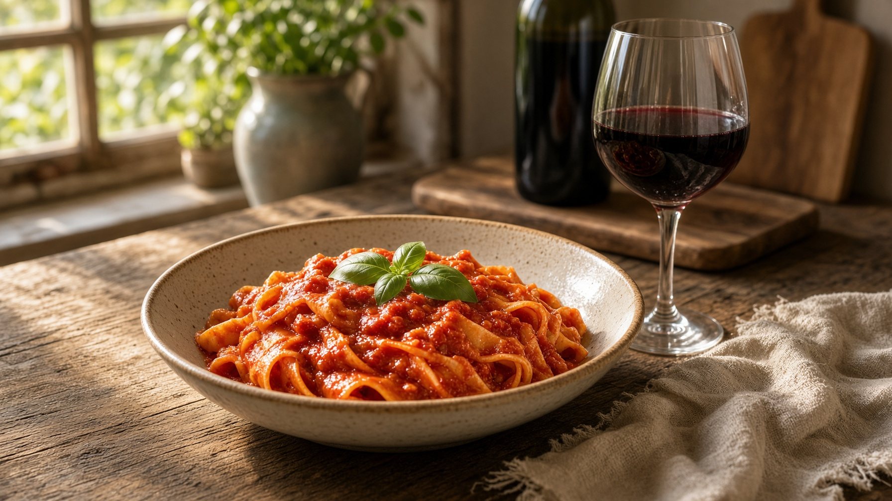Piatto di pasta condito con passata di pomodoro naturale veronese