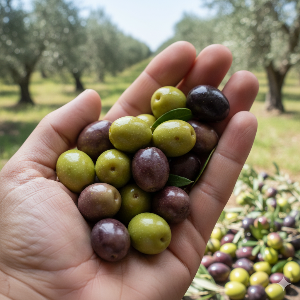 Dettaglio della varietà di olive Grignano all'invaiatura